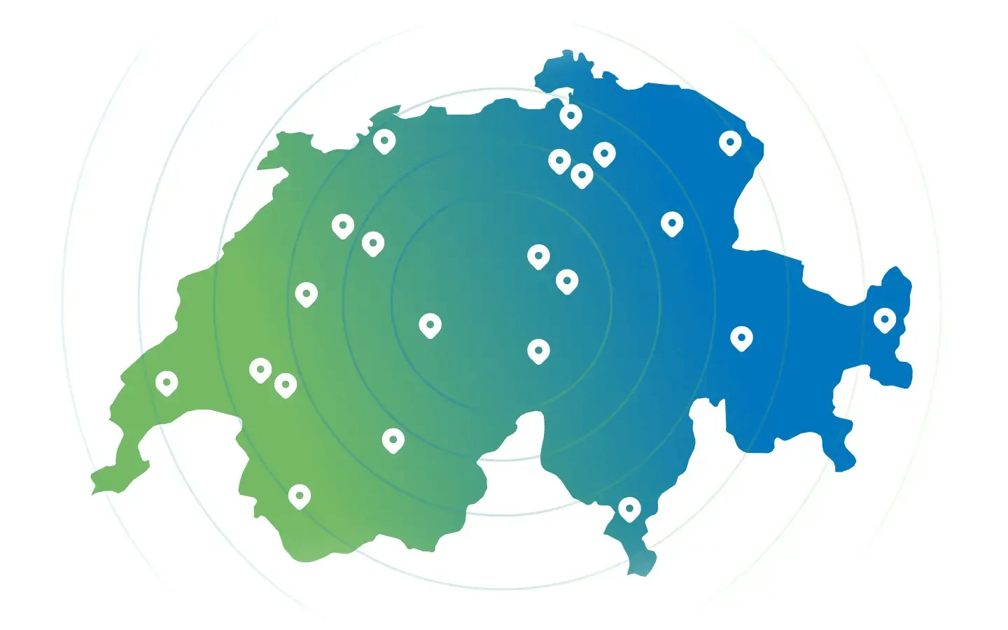 Umriss Schweiz, darin mehrere Pins symbolisch für Schweizer Unternehmen