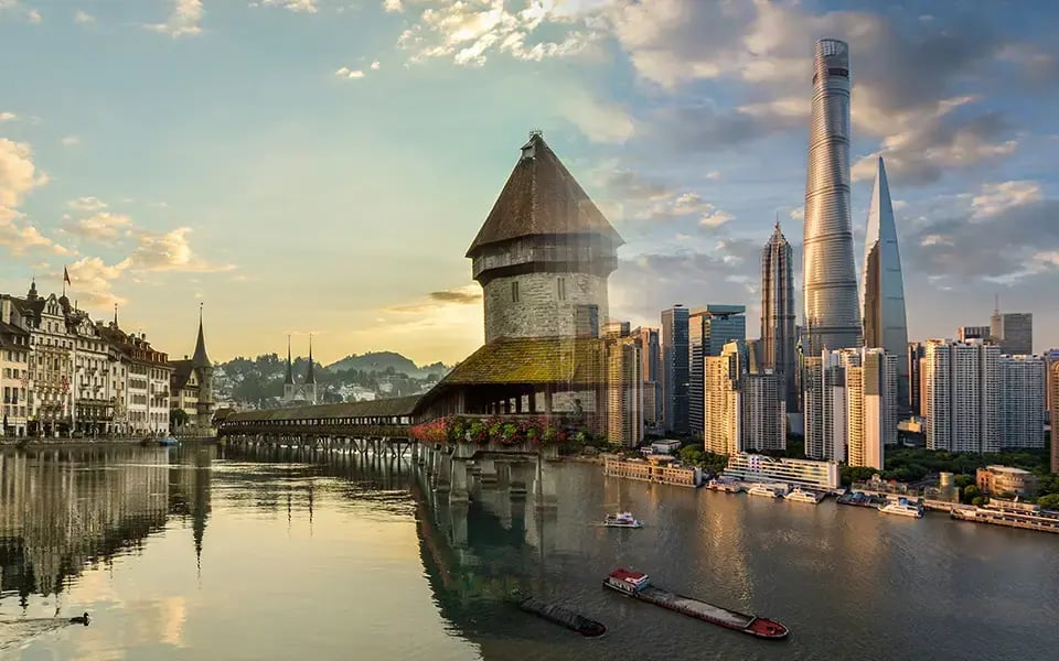 Bilder von Luzern, Schweiz und Shanghai fliessen ineinander
